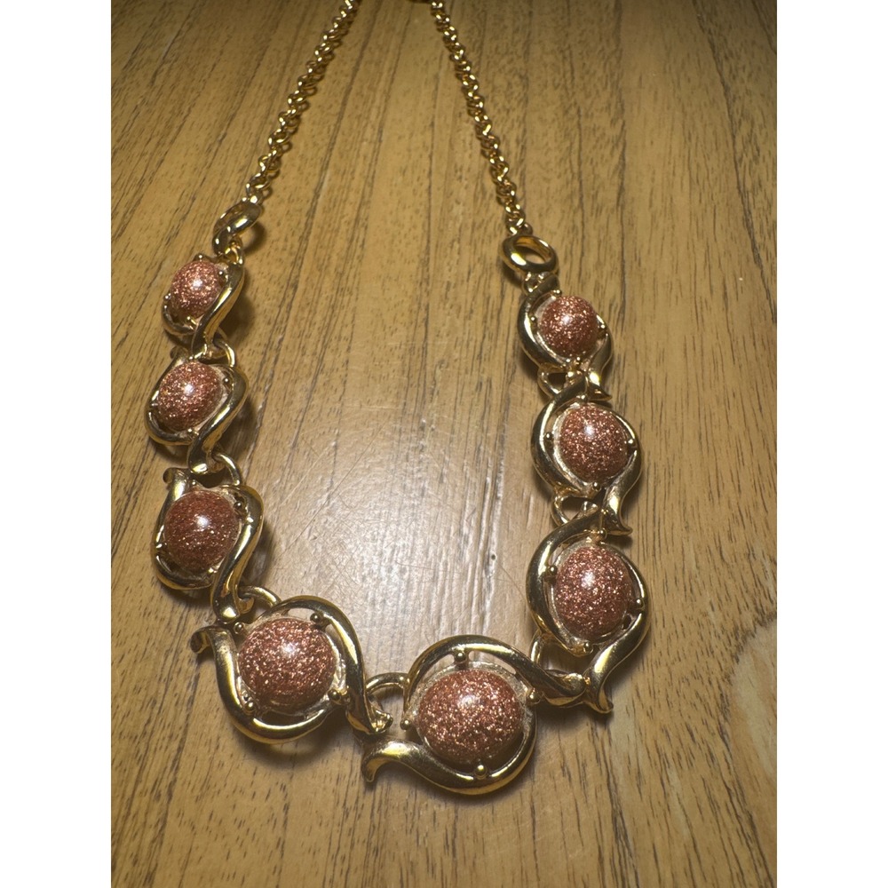 VTG Gold Tone Statement Collar Necklace Copper Textured Glitter Cabochons 16"